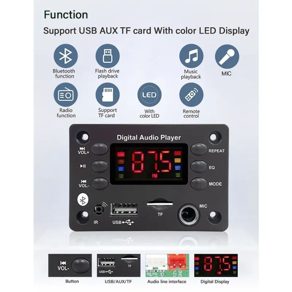 Módulo Digital Audio Player, Mp3, Bluetooth, FM, SD, USB, Aux, 5V – 12V ...